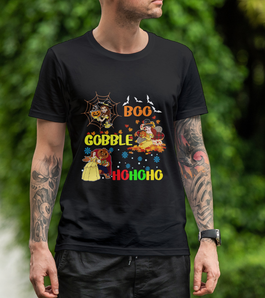 Boo Gobble Hohoho Belle HalloThanksMas T-Shirt