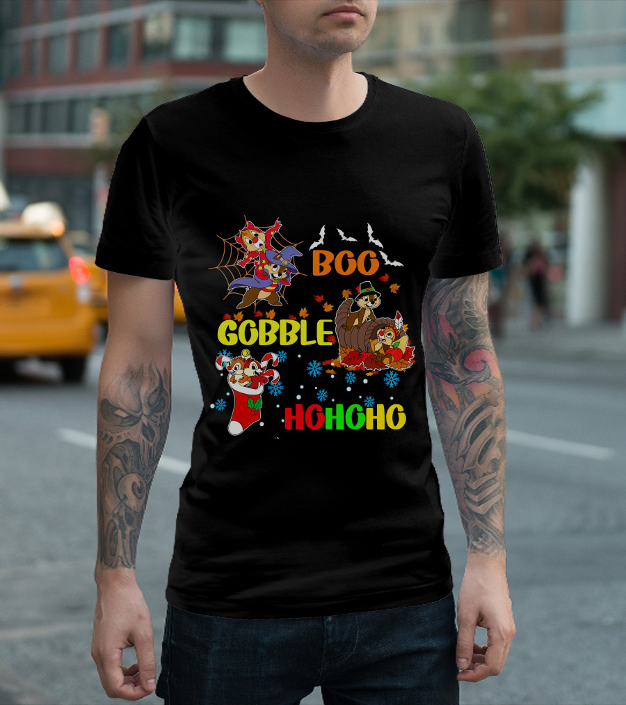 Chip and Dale Boo Gobble HoHoHo Halloween Thanksgiving Christmas T-Shirt