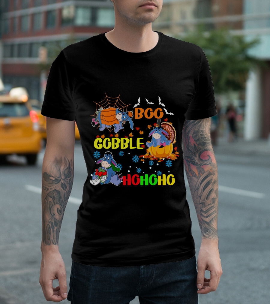 Eeyore Boo Gobble HoHoHo HalloThanksMas T-Shirt