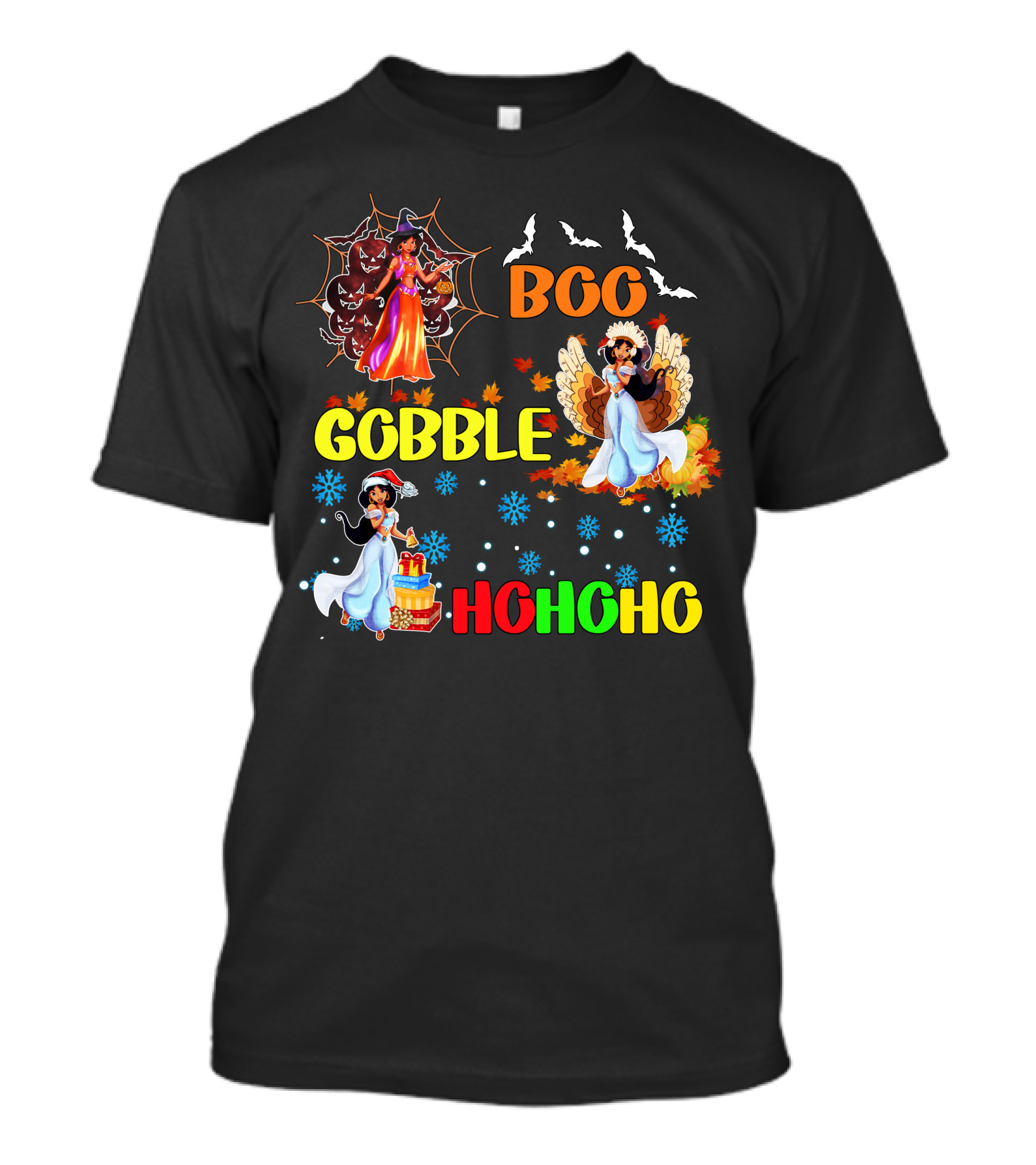 Jasmine Boo Gobble HoHoHo HalloThanksMas Bats Leaves Snowflakes T-Shirt