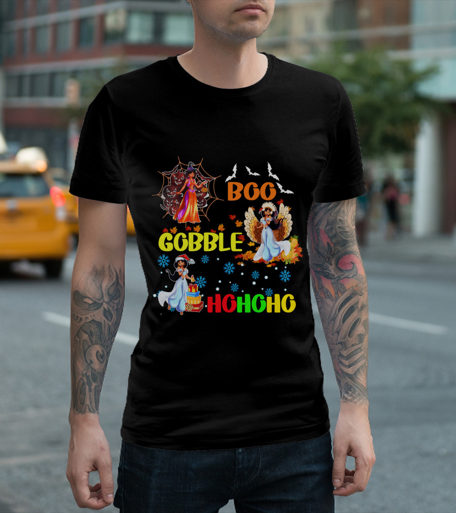 Jasmine Boo Gobble HoHoHo HalloThanksMas Bats Leaves Snowflakes T-Shirt