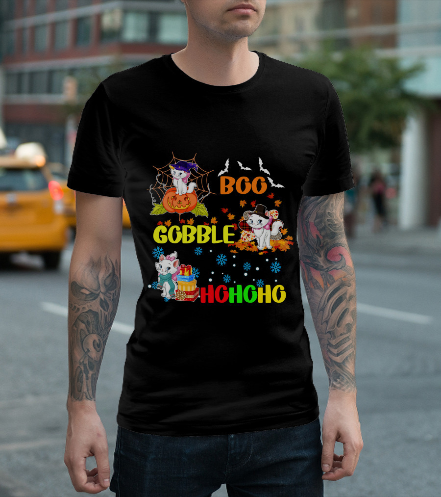Marie Cat Boo Gobble HoHoHo HalloThanksMas T-Shirt