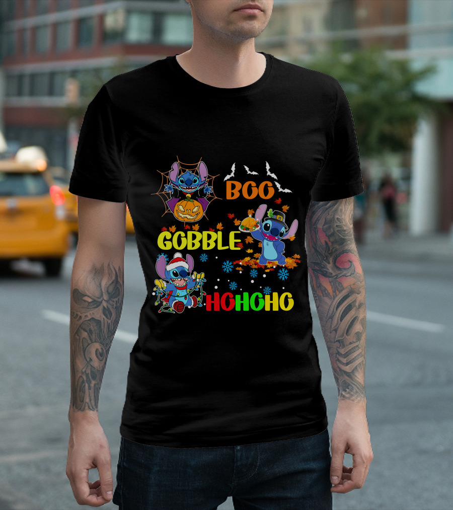 Stitch Boo Gobble Ho Ho Ho HalloThanksMas T-Shirt