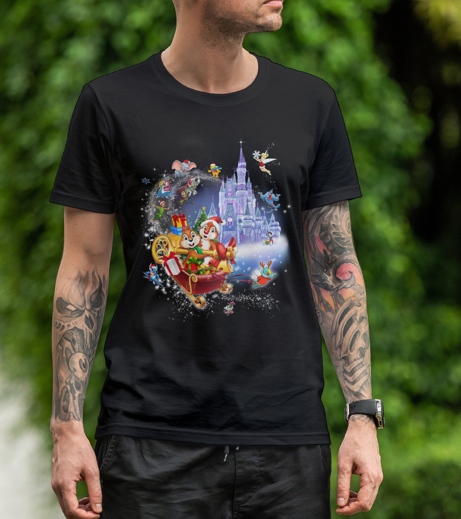 Chip And Dale Christmas Castle With Sleigh And Gifts T-Shirt