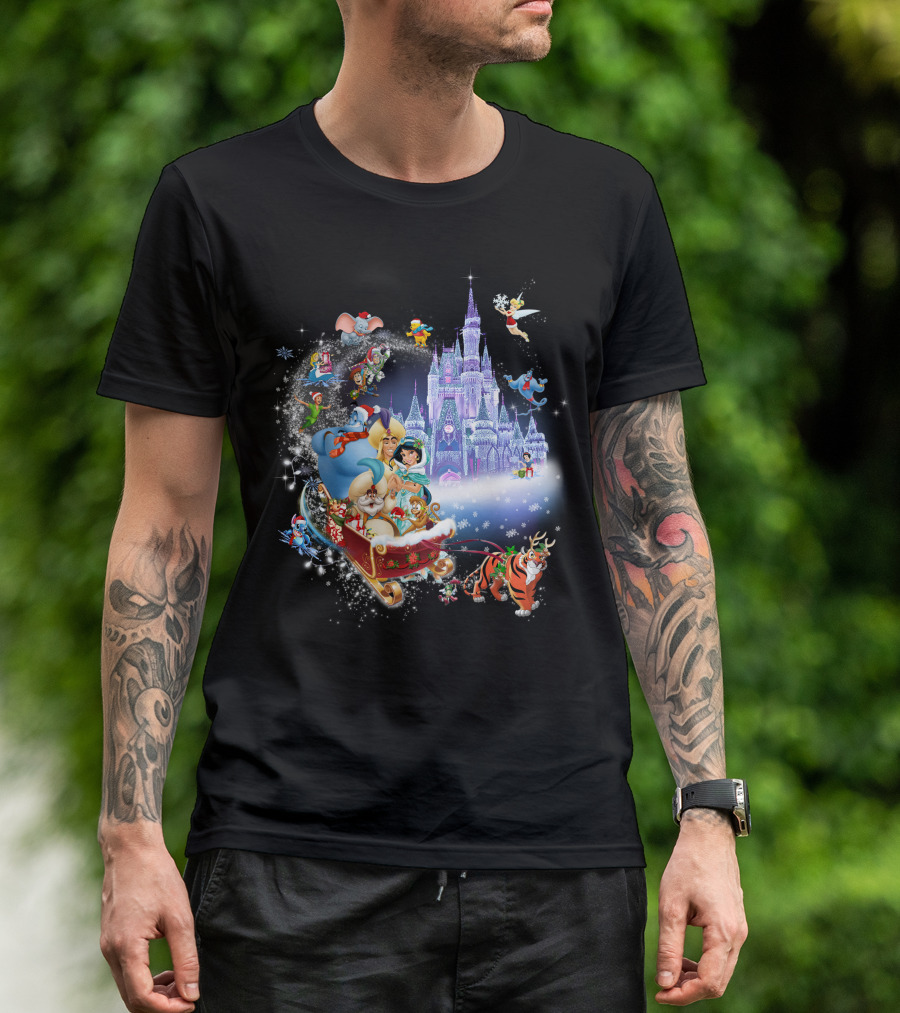 Disney Aladdin Christmas Wonderland Adventure With Castle And Characters T-Shirt