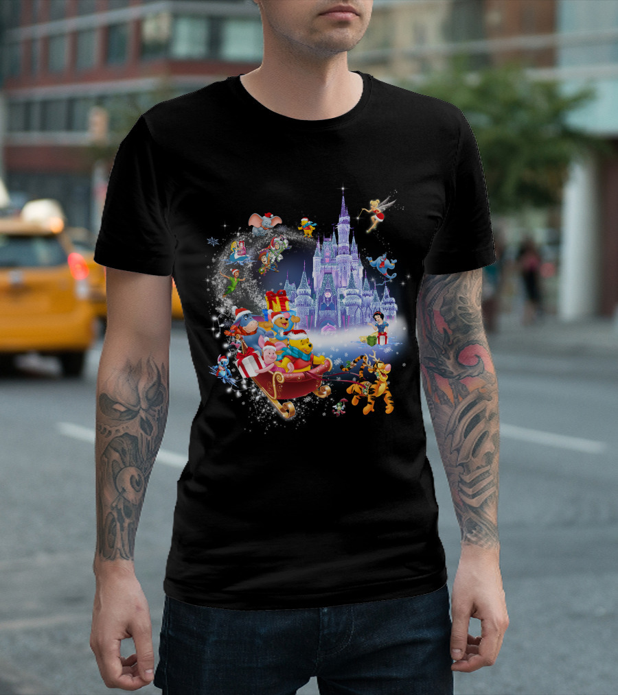 Pooh Christmas Disney Winter Wonderland With Castle And Characters T-Shirt