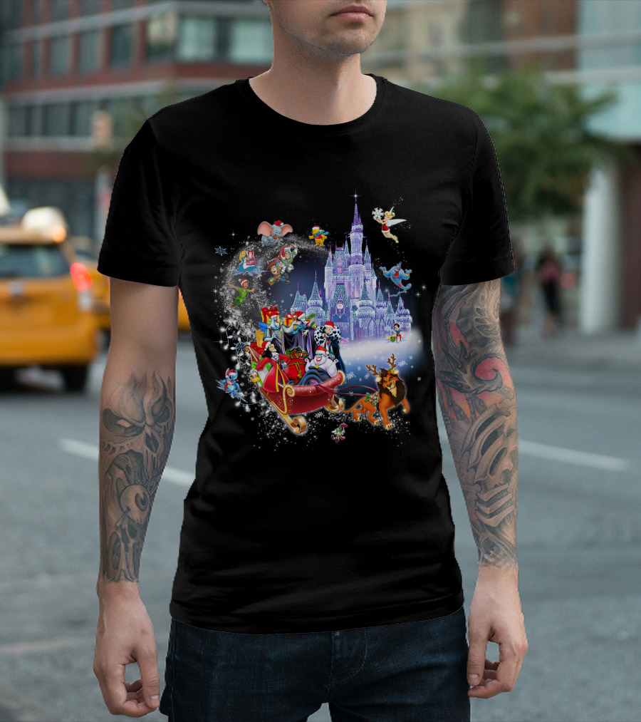 Disney Villains Christmas in Front of Castle with Flying Characters T-Shirt