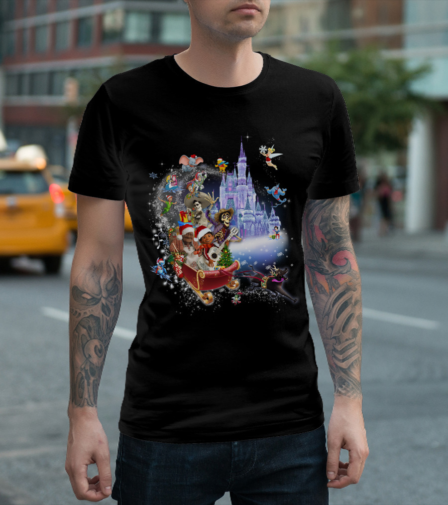 Coco Christmas Magical Disney Characters Castle Snowflakes Sleigh Holiday Fun T-Shirt