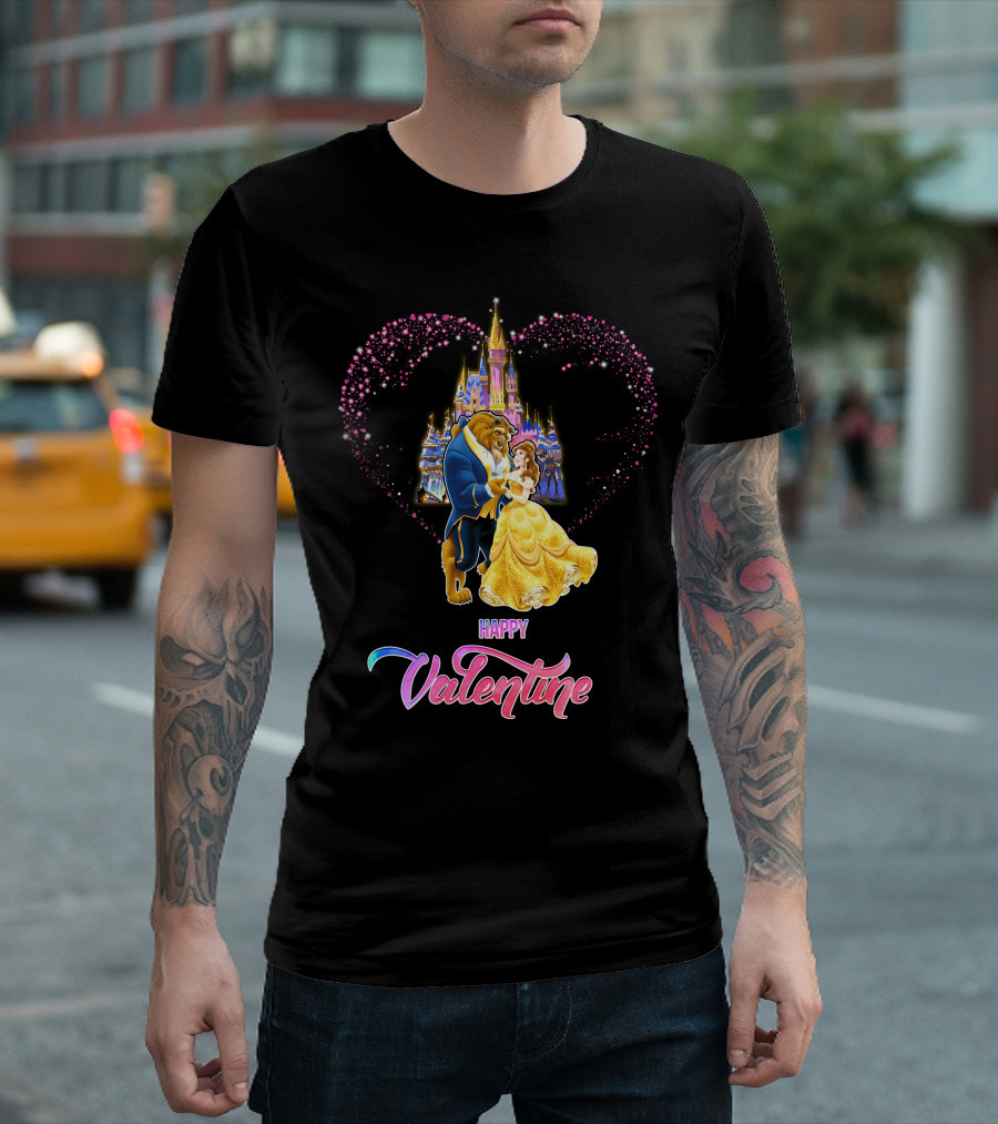 Happy Valentine Beauty and the Beast Castle Hearts T-Shirt