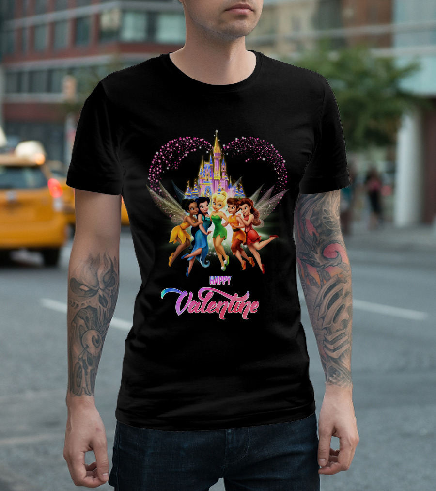 Happy Valentine Tinkerbell And Friends With Castle And Heart Magic T-Shirt