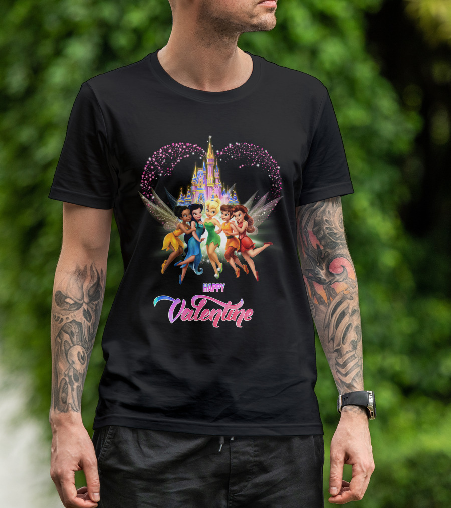 Happy Valentine Tinkerbell And Friends With Castle And Heart Magic T-Shirt