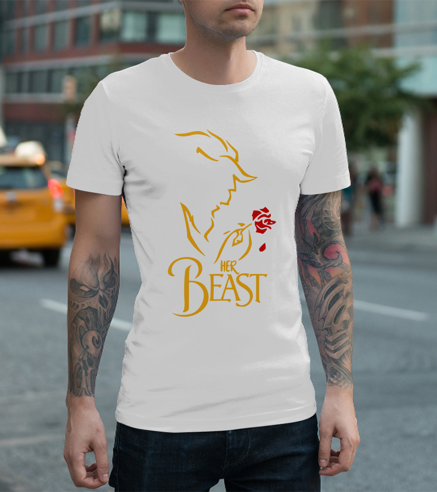 Her Beast Silhouette with Red Rose Beauty and the Beast T-Shirt