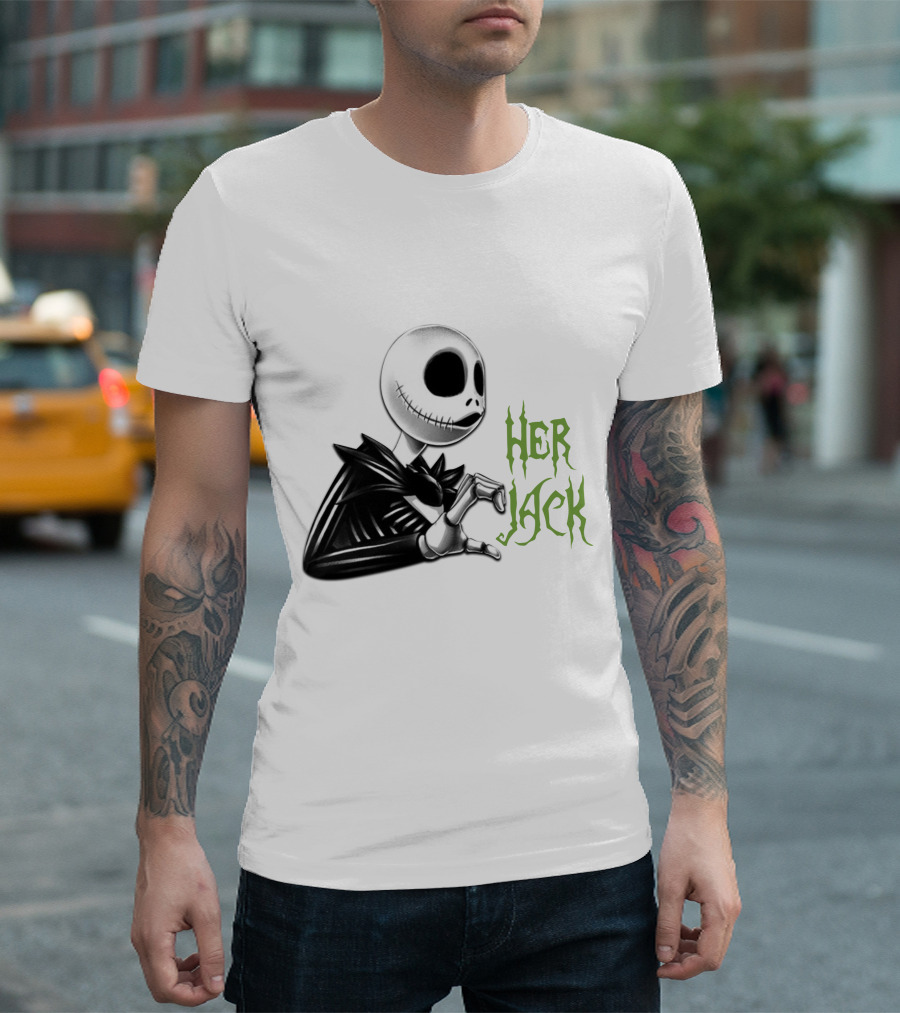 HER JACK SKELETON CHARACTER SKETCH BLACK AND WHITE GREEN LETTERING T-Shirt