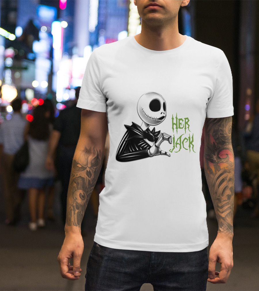 HER JACK SKELETON CHARACTER SKETCH BLACK AND WHITE GREEN LETTERING T-Shirt