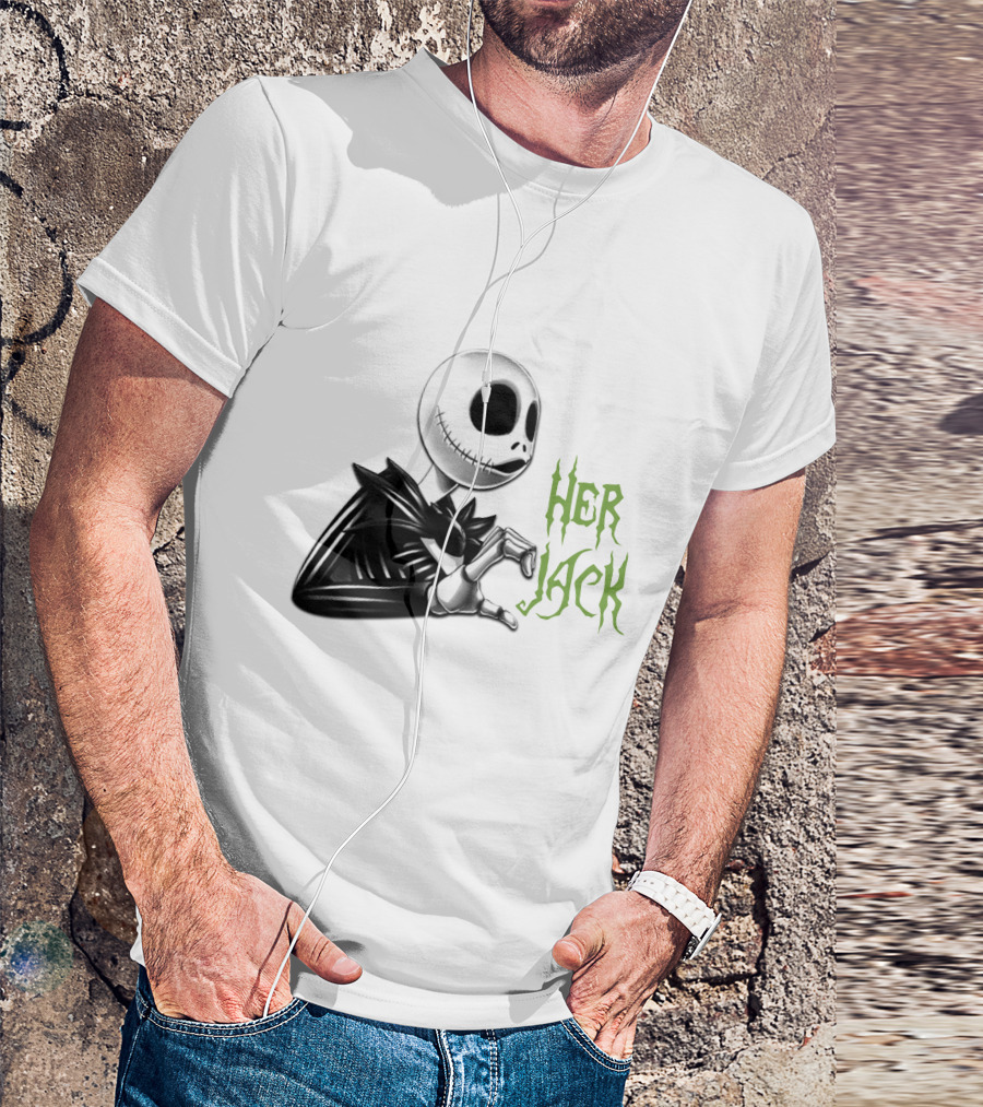 HER JACK SKELETON CHARACTER SKETCH BLACK AND WHITE GREEN LETTERING T-Shirt