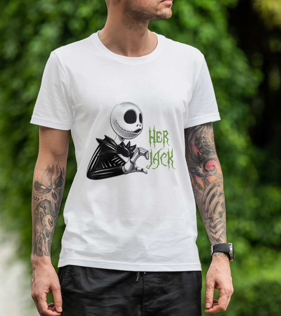 HER JACK SKELETON CHARACTER SKETCH BLACK AND WHITE GREEN LETTERING T-Shirt