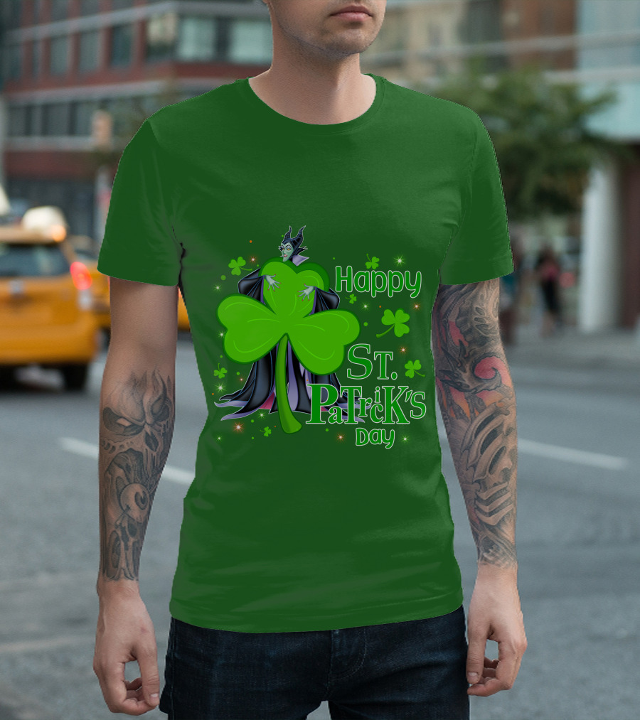 Maleficent Happy St Patrick's Day Shamrock Clover Sparkle T-Shirt