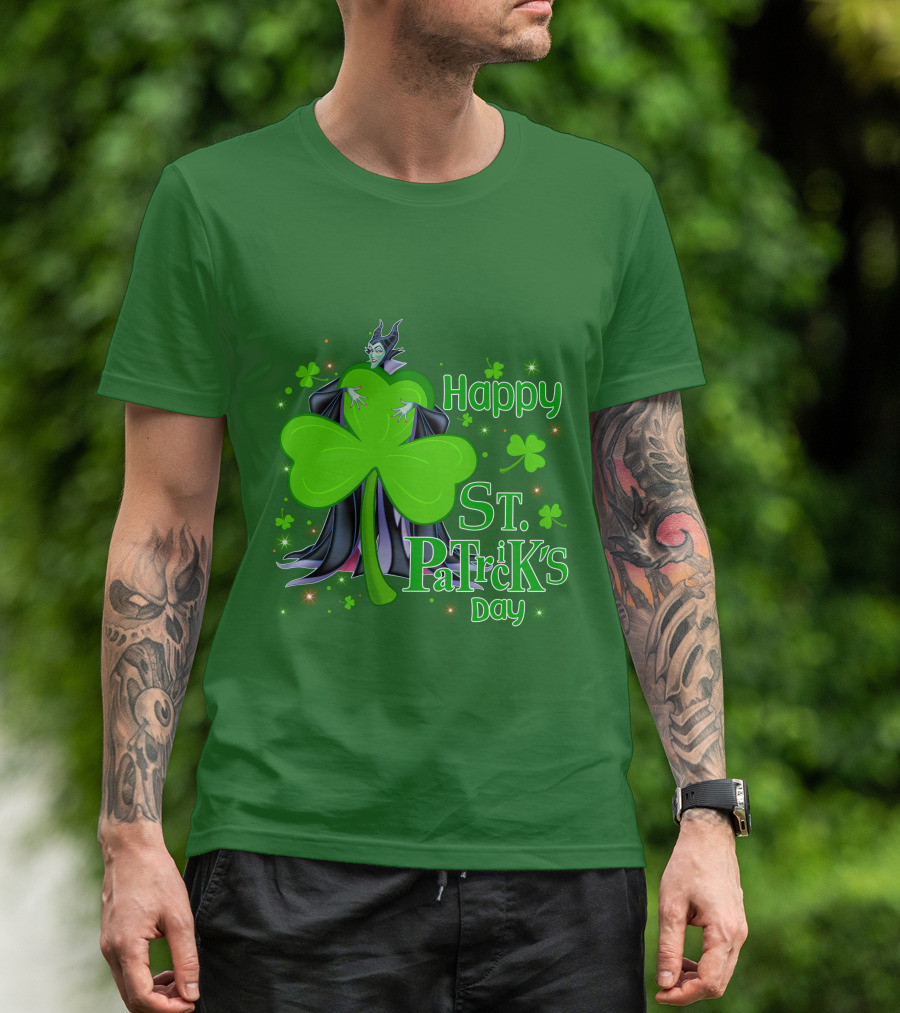 Maleficent Happy St Patrick's Day Shamrock Clover Sparkle T-Shirt