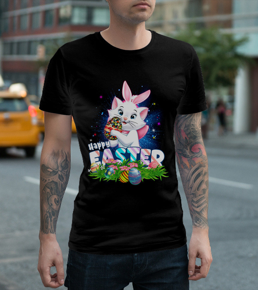 Happy Easter Marie Cat with Colorful Easter Eggs and Flowers T-Shirt