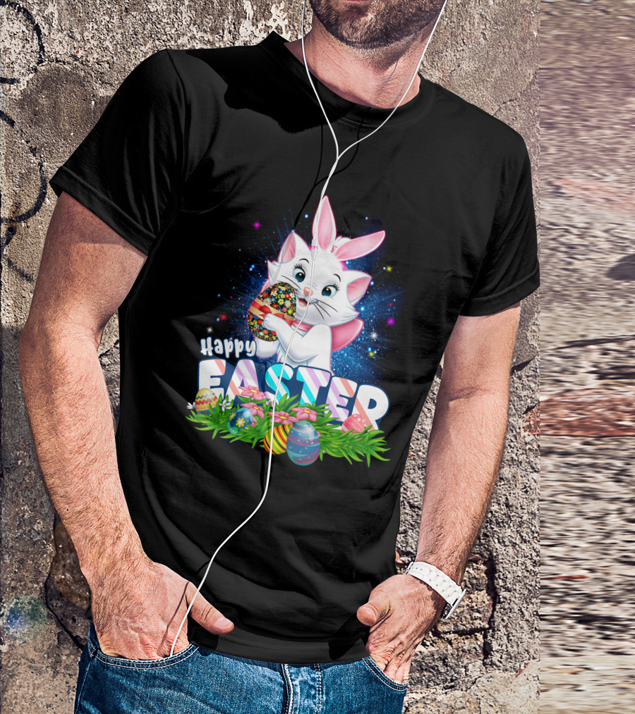 Happy Easter Marie Cat With Colorful Easter Eggs And Flowers T-Shirt