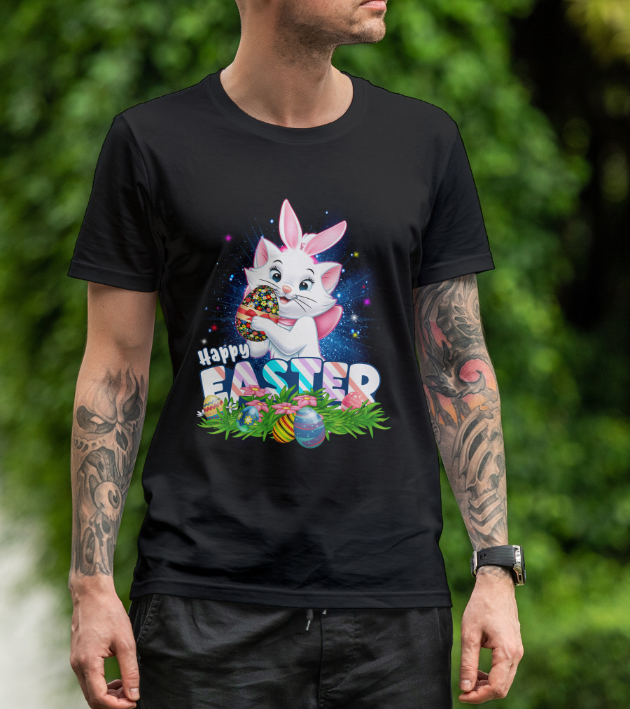 Happy Easter Marie Cat With Colorful Easter Eggs And Flowers T-Shirt