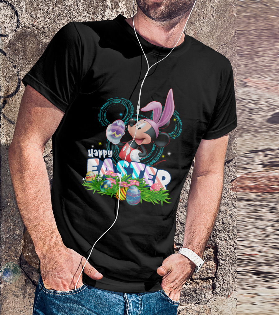 MK Happy Easter Mickey Mouse Bunny Ears Holding Colorful Easter Eggs In Grass T-Shirt