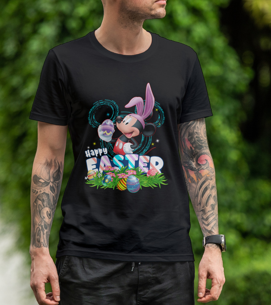 MK Happy Easter Mickey Mouse Bunny Ears Holding Colorful Easter Eggs In Grass T-Shirt