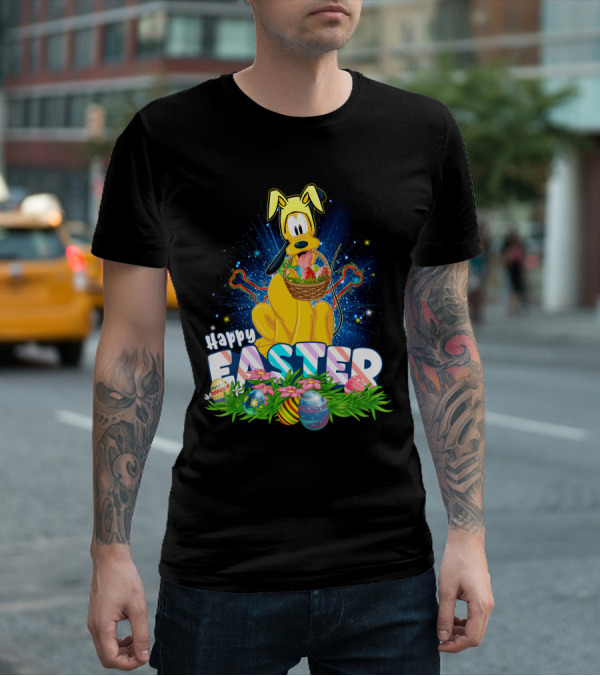 Pluto Happy Easter Basket With Eggs And Flowers T-Shirt