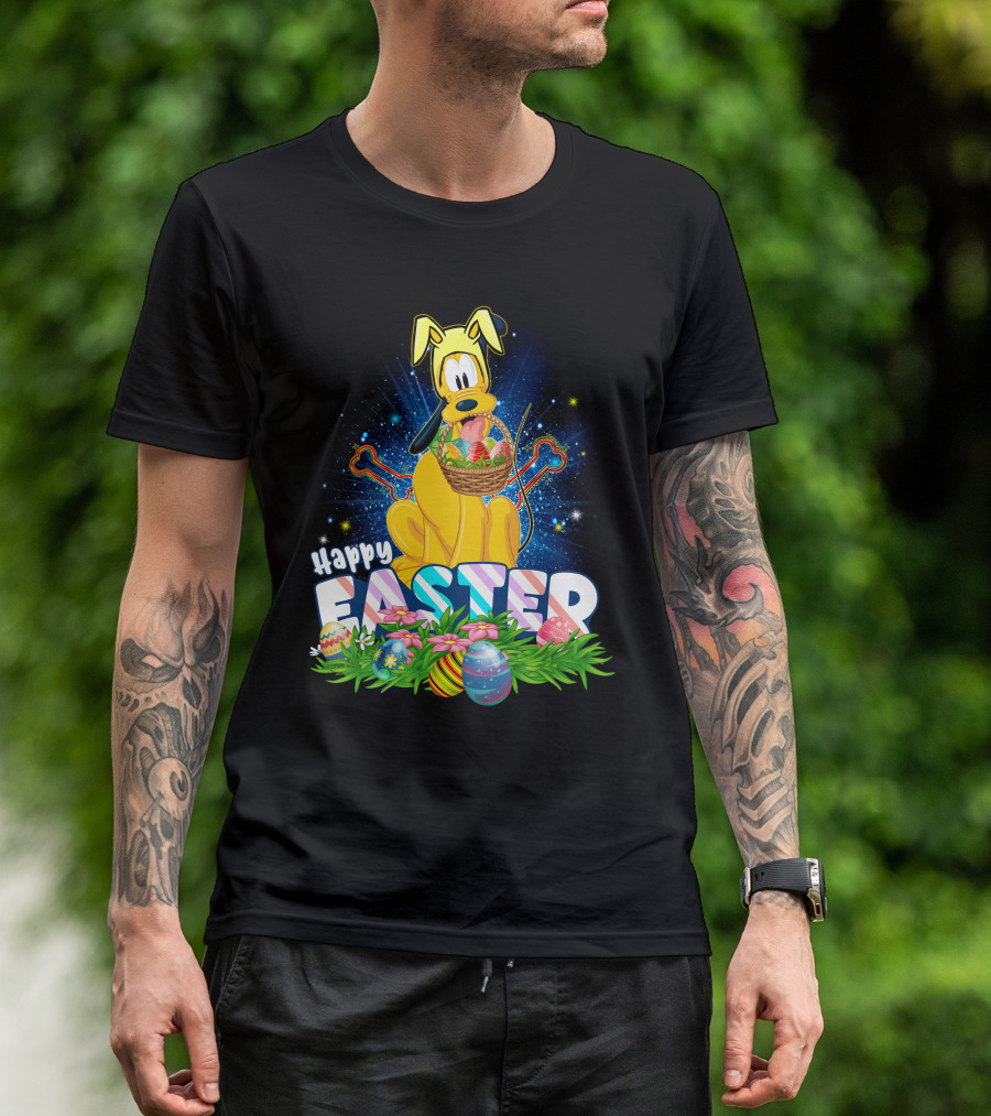 Pluto Happy Easter Basket With Eggs And Flowers T-Shirt