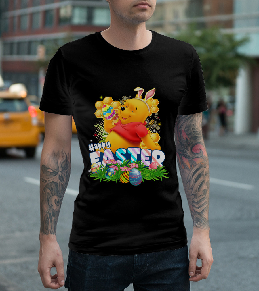 Pooh Happy Easter With Eggs And Honeycomb Background T-Shirt