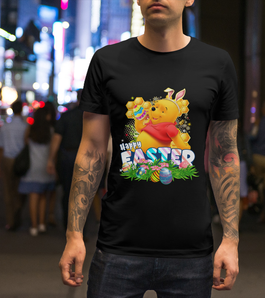 Pooh Happy Easter With Eggs And Honeycomb Background T-Shirt