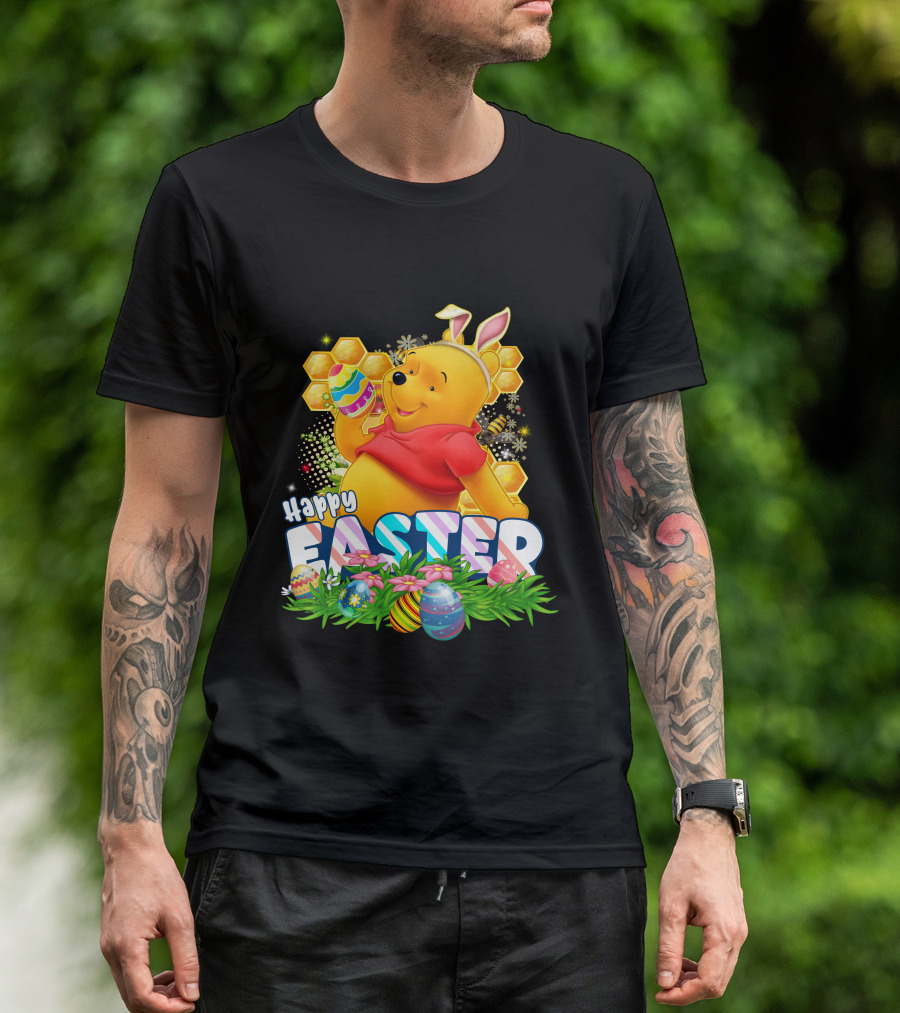 Pooh Happy Easter With Eggs And Honeycomb Background T-Shirt