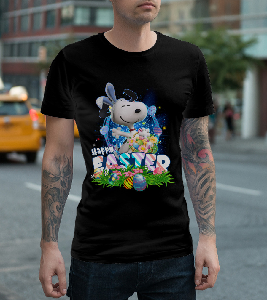 Happy Easter Snoopy with Colorful Eggs and Flowers T-Shirt
