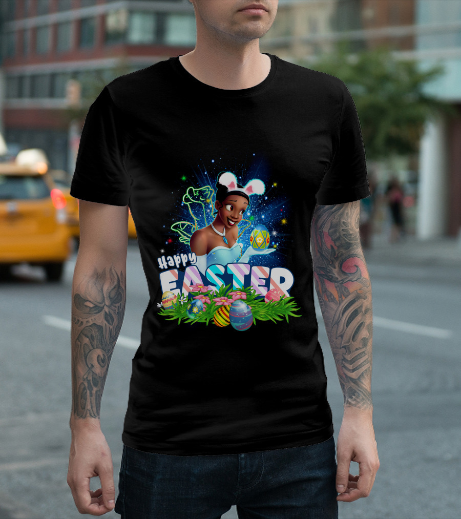 Tiana Happy Easter Bunny Ears Sparkling Eggs and Flowers T-Shirt