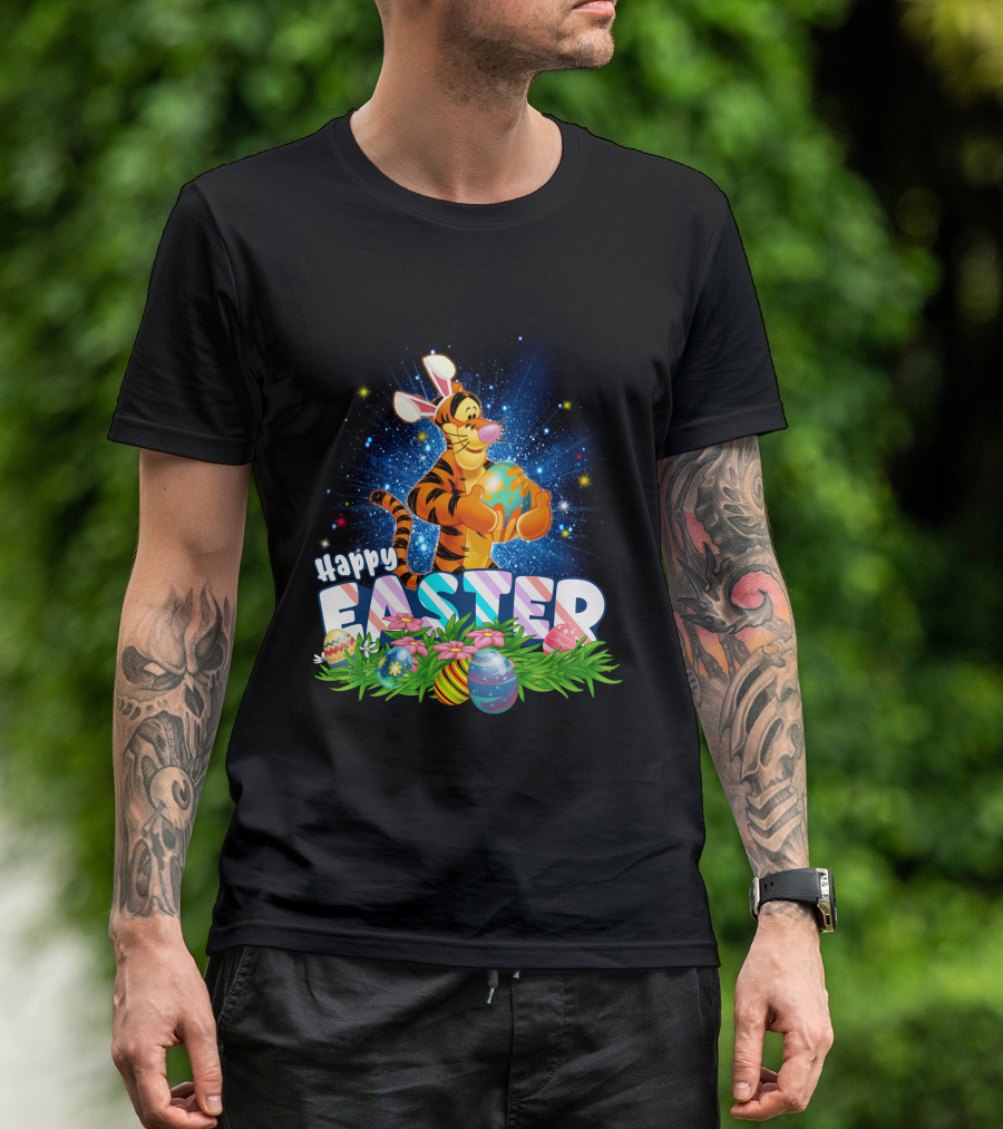 Tigger Happy Easter With Colorful Eggs And Flowers T-Shirt