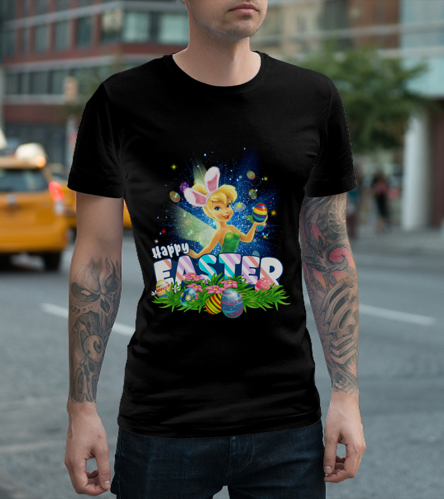 Happy Easter Tinkerbell With Bunny Ears And Colorful Eggs T-Shirt