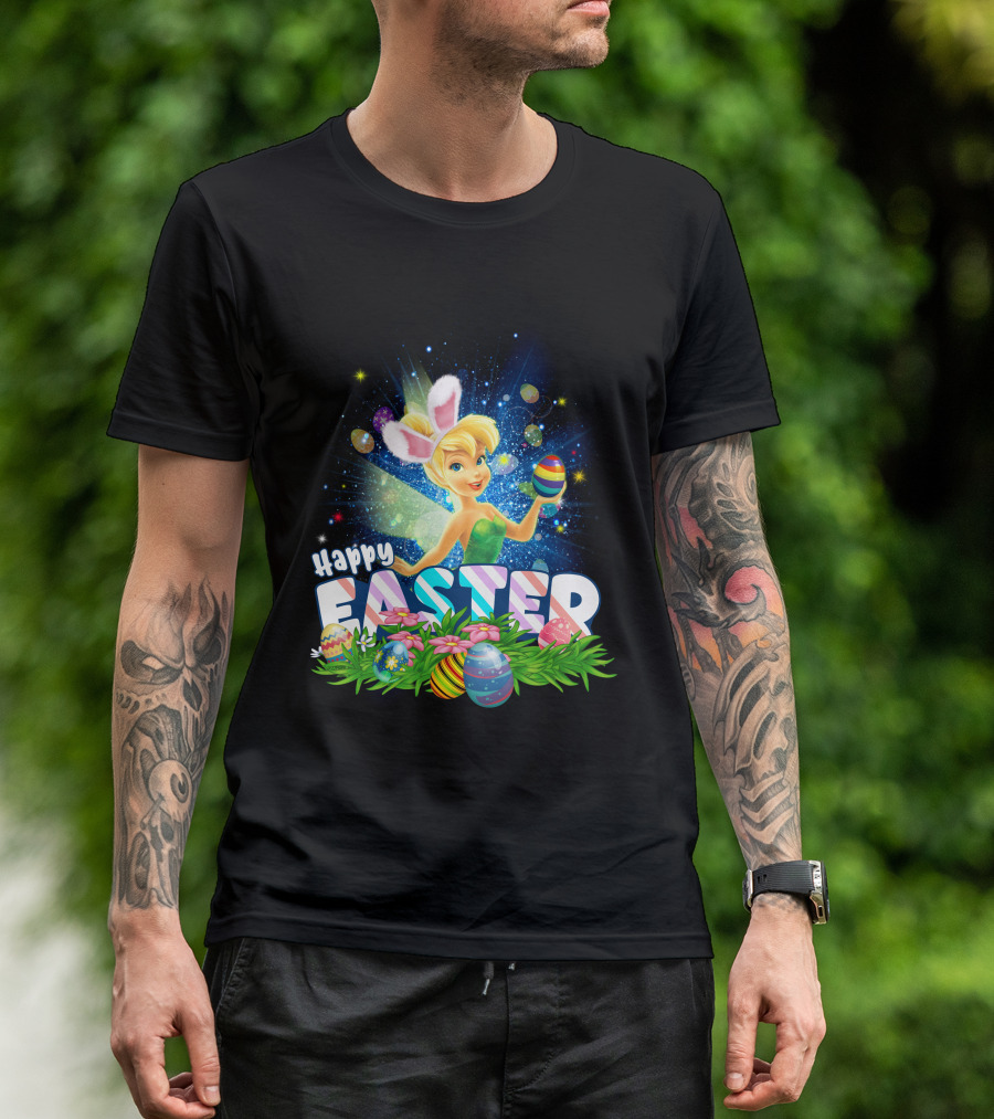 Happy Easter Tinkerbell With Bunny Ears And Colorful Eggs T-Shirt
