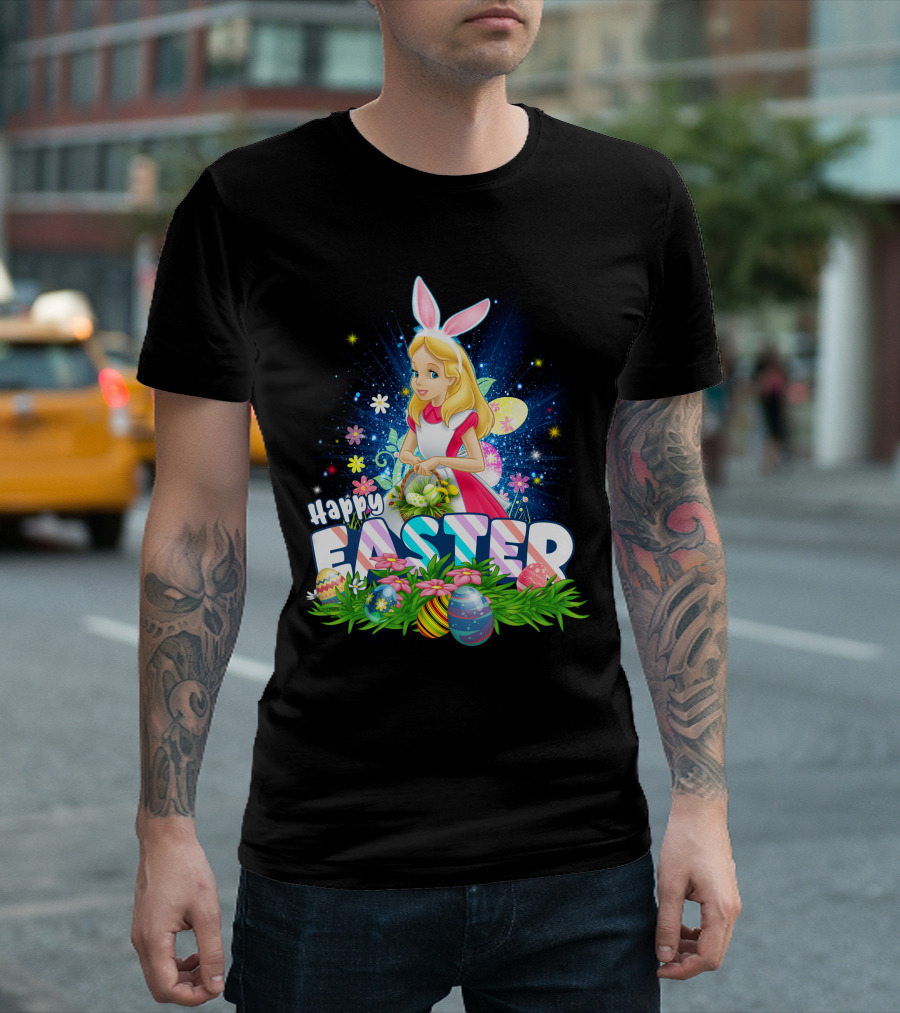 Alice Happy Easter Bunny Ears with Colorful Eggs and Flowers T-Shirt