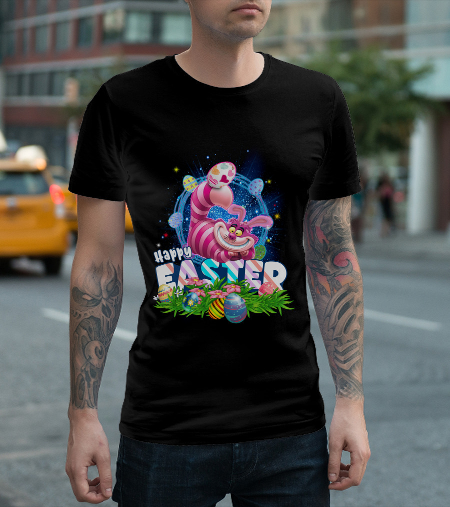 Cheshire Cat Happy Easter Eggs and Flowers T-Shirt