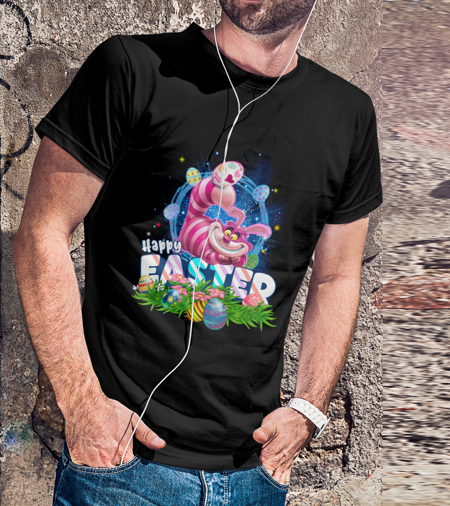 Cheshire Cat Happy Easter Eggs And Flowers T-Shirt