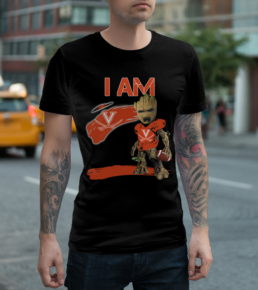 I AM VIRGINIA CAVALIERS V Logo Football Character T-Shirt