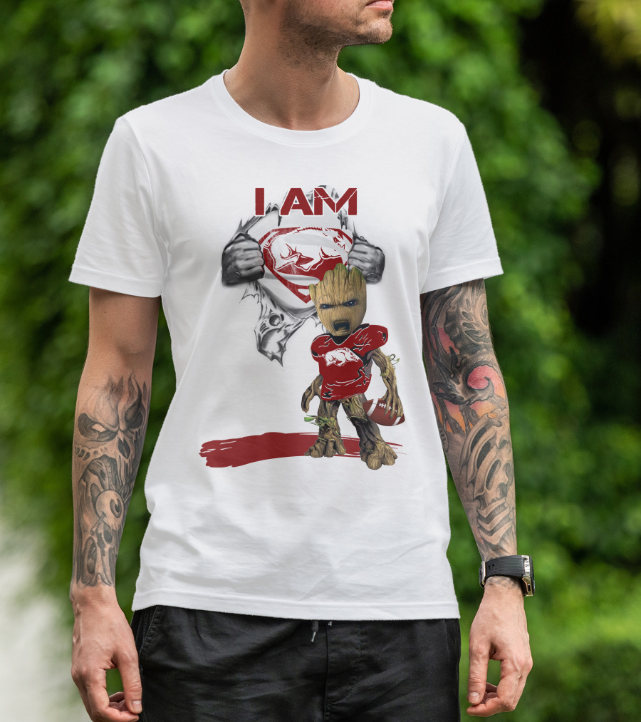 I AM Arkansas Razorbacks Baby Groot Superman T-Shirt