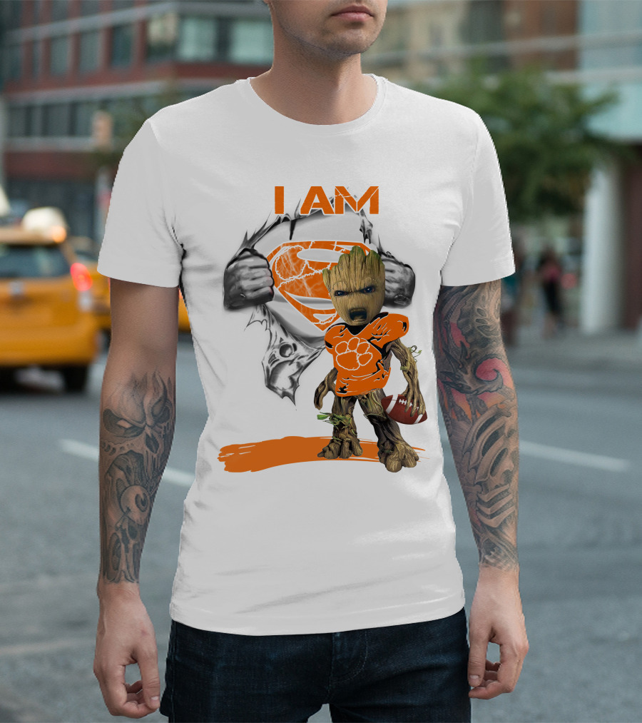 I Am Clemson Baby Groot Superman Football T-Shirt