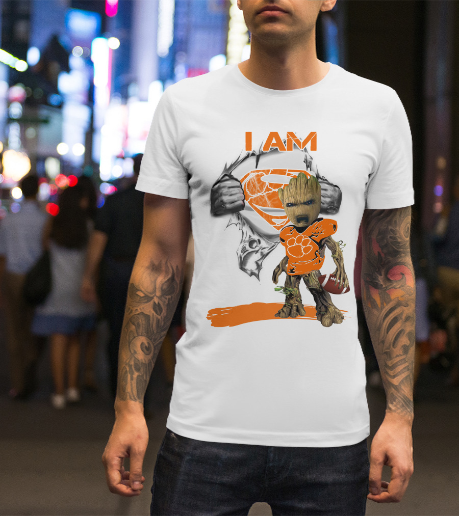 I Am Clemson Baby Groot Superman Football T-Shirt