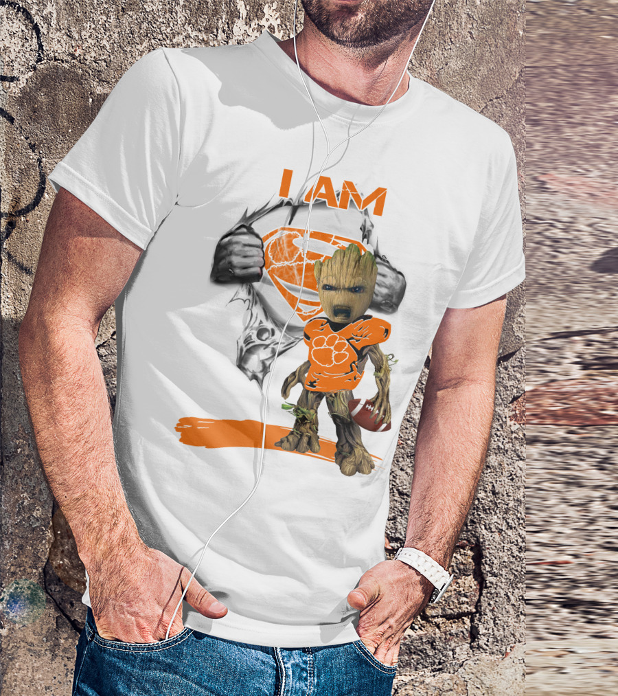 I Am Clemson Baby Groot Superman Football T-Shirt