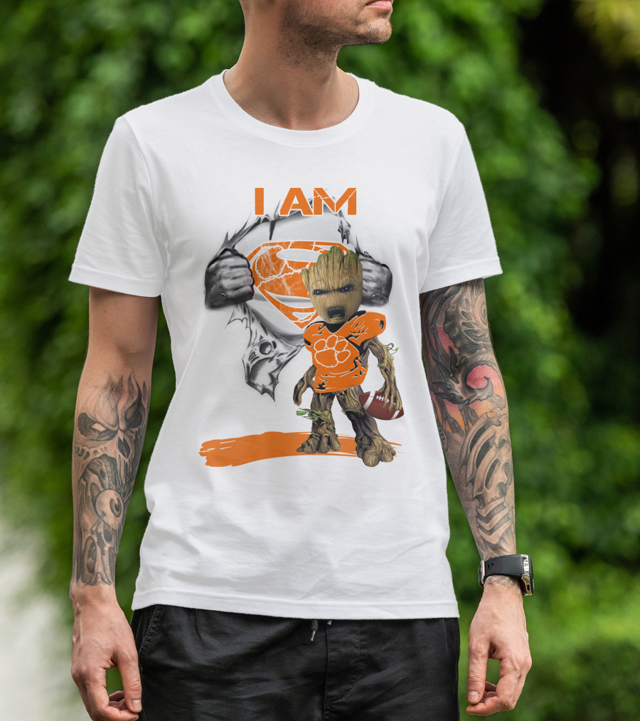 I Am Clemson Baby Groot Superman Football T-Shirt