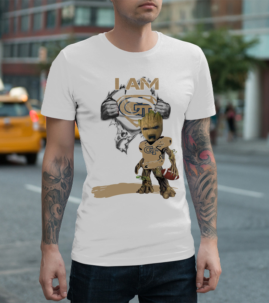 I AM Georgia Tech Baby Groot Superman Football T-Shirt
