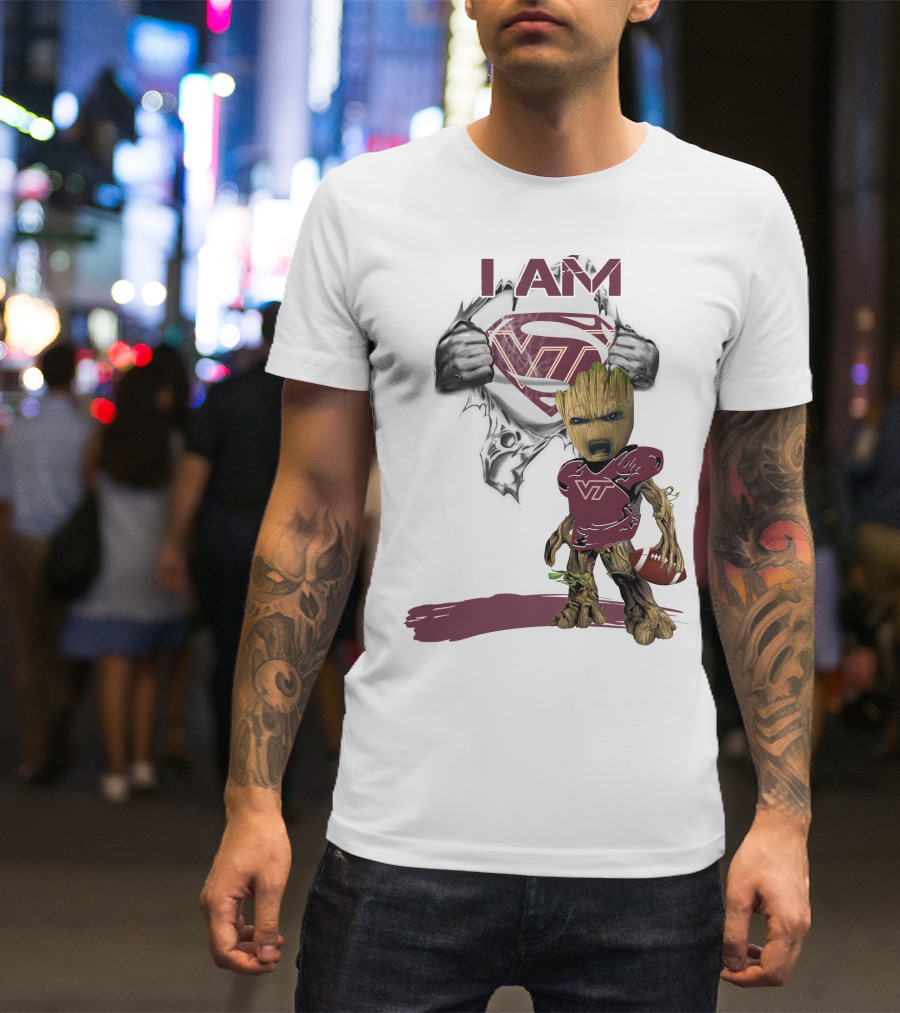 I AM Hokies VT Baby Groot Superman Football T-Shirt