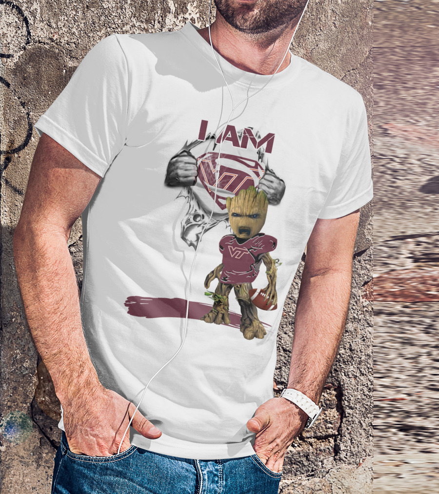I AM Hokies VT Baby Groot Superman Football T-Shirt