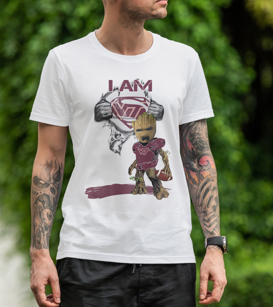 I AM Hokies VT Baby Groot Superman Football T-Shirt